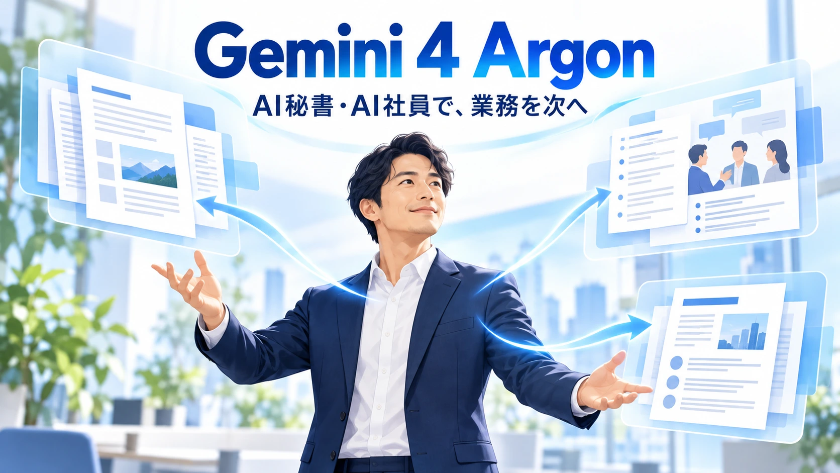 人が資料整理・会議記録・提案書作成の業務をAIに割り当てるイメージ